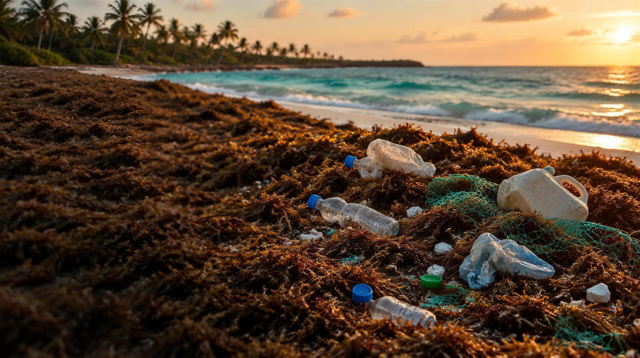 Sargassum seaweed and plastic waste washed up on a Caribbean beach